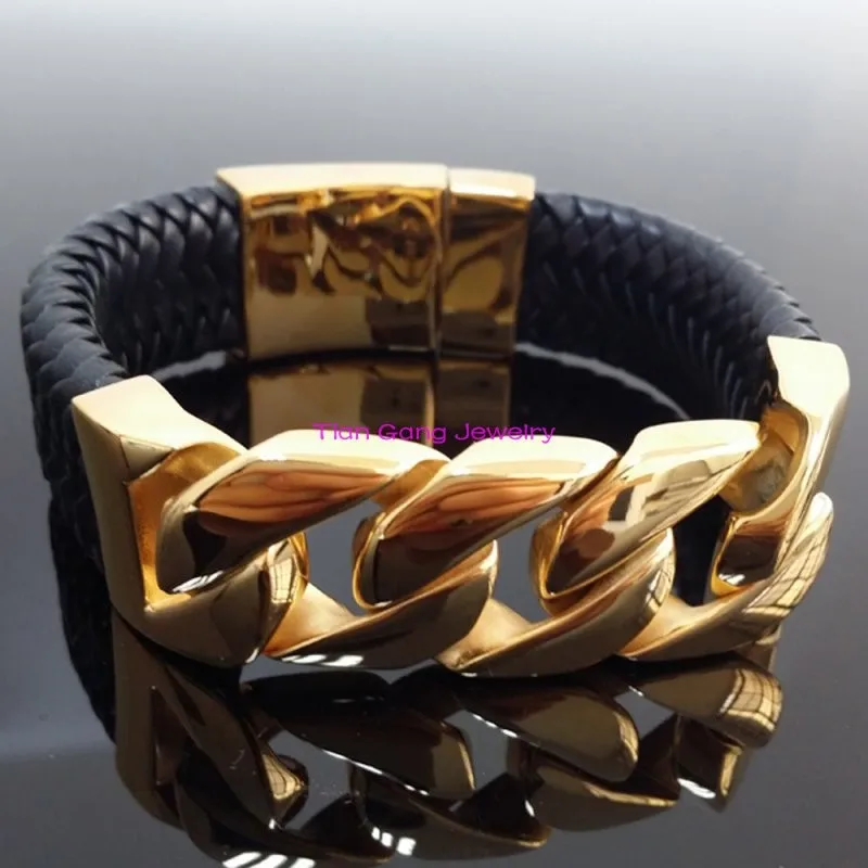 Мужская цепочка для мальчиков плетеный браслет 316L из нержавеющей стали золото Снаряженная кубинская цепь браслет из натуральной кожи браслет