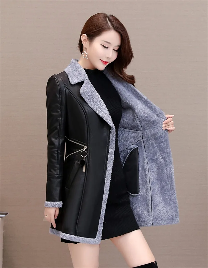 Women Leather Windbreaker Plus Velvet Thick PU Leather Cotton Coat Long Suit Collar Large Size Fashion Warm Leather Jacket