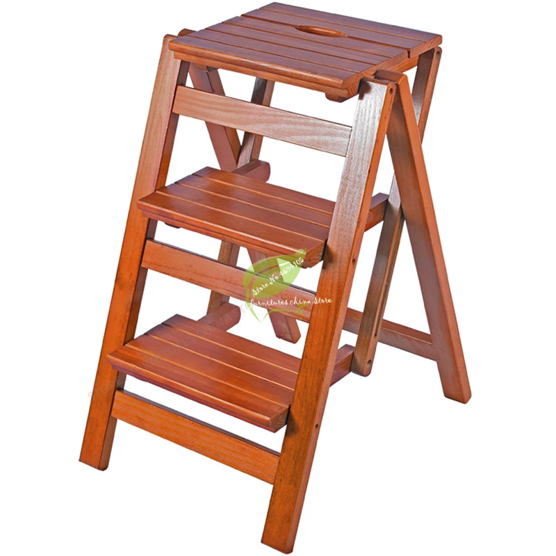 

Durable Household Multi Function Step Ladder Stool Foldable Solid Wood Three Indoor Climbing Wooden