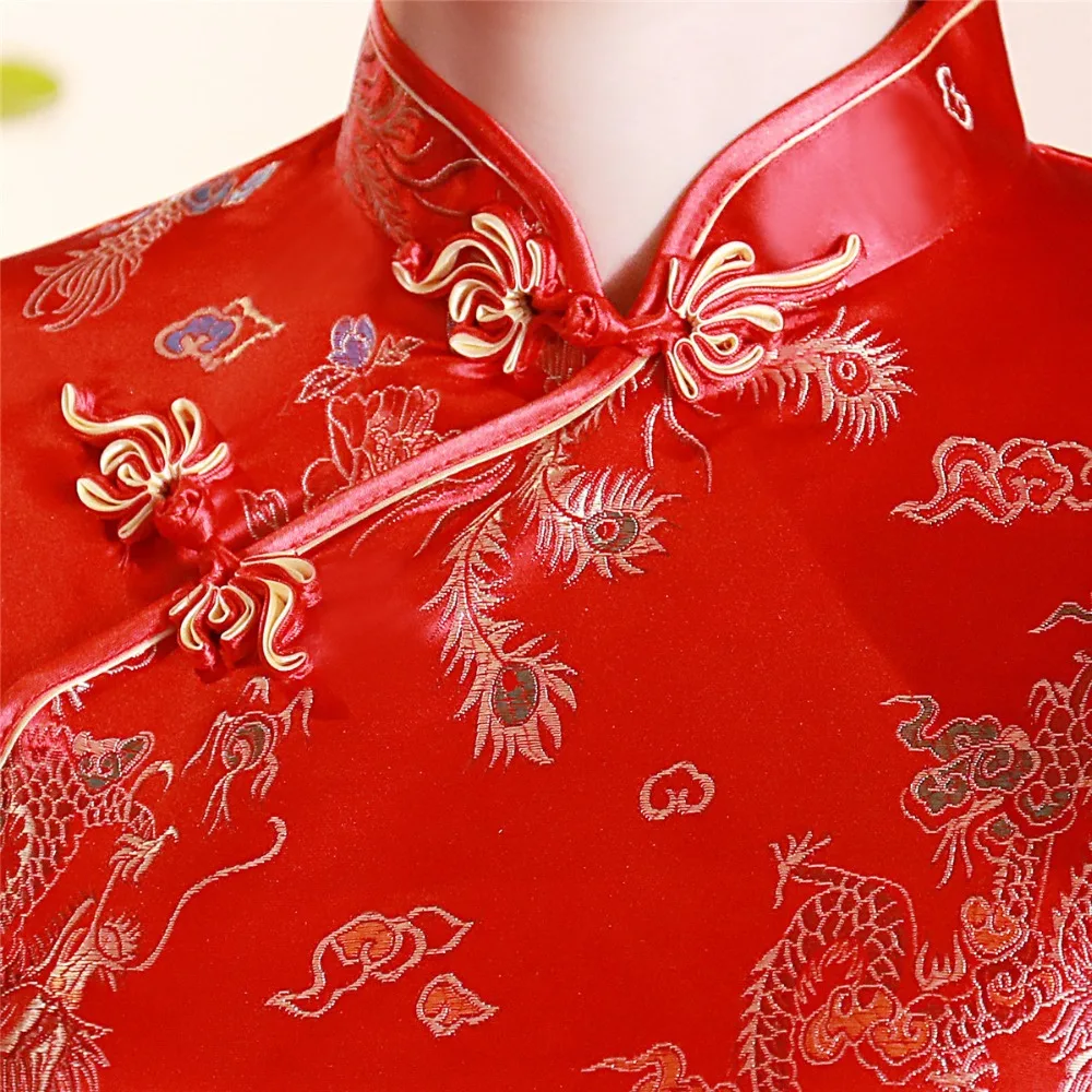 Шанхай история короткие Cheongsam Топ Традиционный китайский искусственный шелк/Атласный топ Дракон и Феникс Вышивка Блузка Топ Qipao рубашка