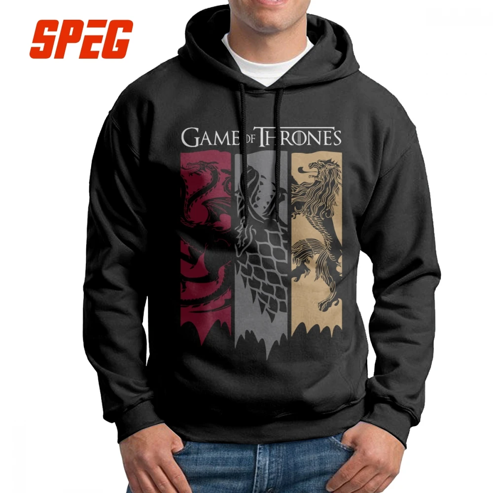 

Vintage Hoodies Man Game Of Thrones Men House Stark Printed Hooded Sweatshirts Targaryen Lannister 100% Cotton Black Tops