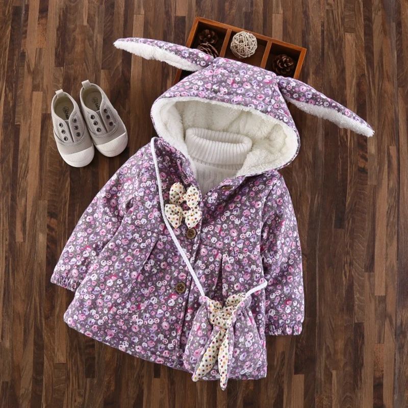 

WYNNE GADIS Winter Baby Girls Rabbit Ear Hooded Floral Print Thick Velvet Jacket Kids Warm Fleece Outerwear Coats + Bag casaco