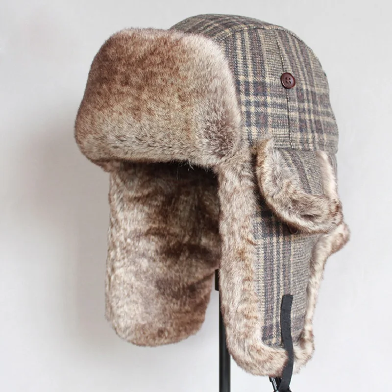 

New Men Bomber Hats Wool Winter Warm Aviator Russian Cap Outdoor Faxu Fur Ear Flaps Bomber Cap Windproof Trapper Hat MZ021