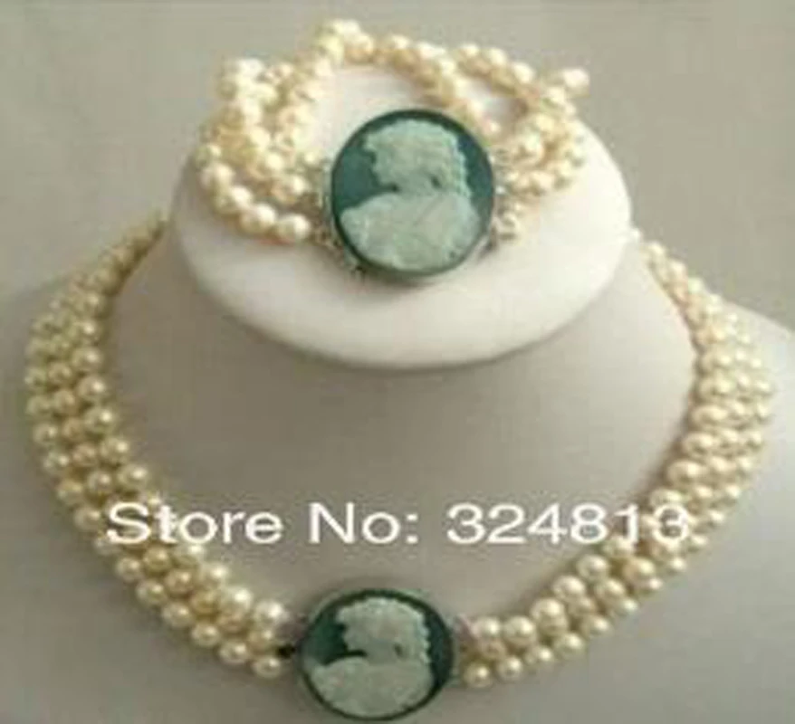 3 нити 7-8 мм белый Akoya жемчужный Камея ожерелье браслет#960