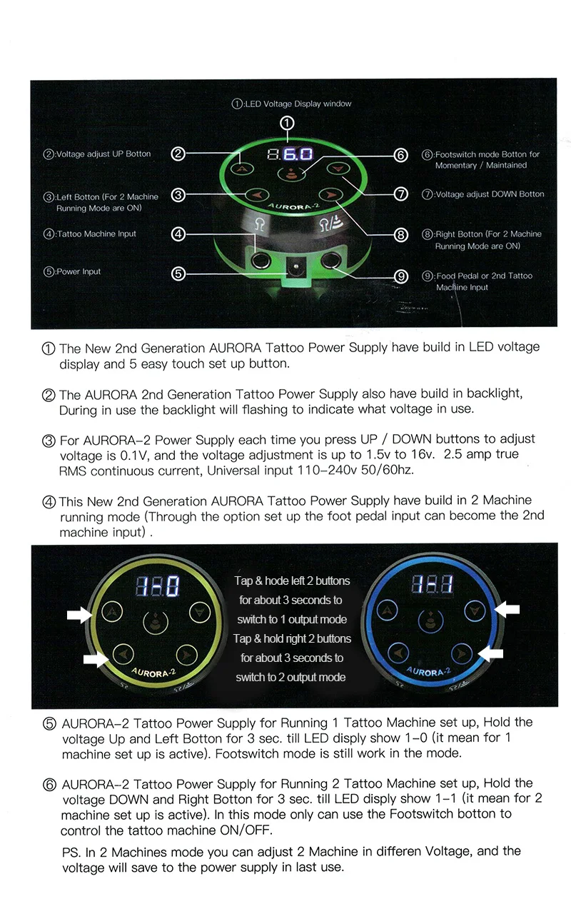 Аврора 2 Сенсорный контроль светодиодный источник питания для татуировки