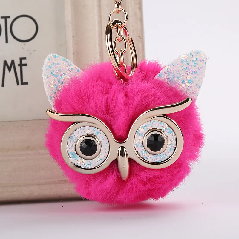 

Fluffy Faux Sequins Owl Keychains New Design Cute Pompom Key Ring PU Glossy Acrylic Pendant Bag Pom Pom Ball keyring Women