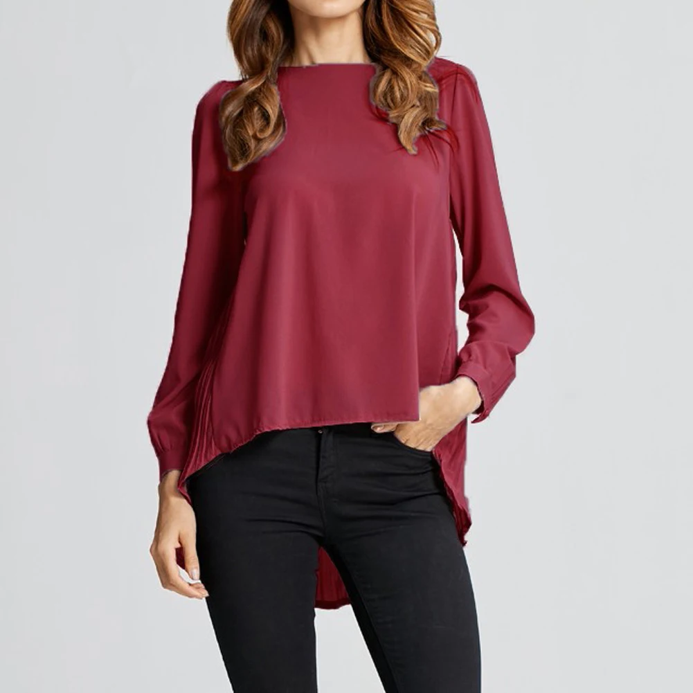 Anself женская шифоновая блузка со складками сзади с круглым вырезом и длинным рукавомЖенская блузка Асимметричная Свободная Повседневная рубашка 5XL плюс Размер Топ