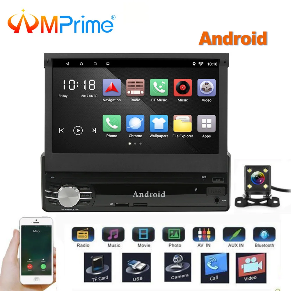 AMPrime 1 Din мультимедиа для Android 7 &quotчетырехъядерный 6 0 gps Mirrorlink автомобильный