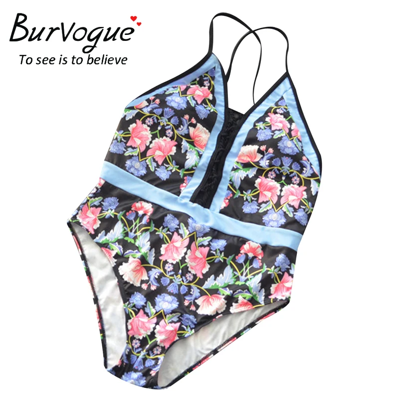 Burvogue printd Одна деталь купальник Для женщин Глубокий V Push Up цветок Купальники для