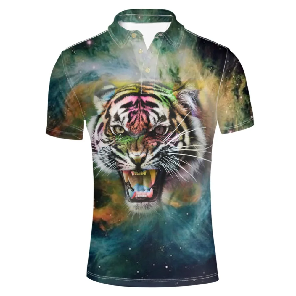 

FORUDESIGNS Animal Galaxy Print Polo Shirt Men Summer Short Sleeve Breathable Male Collar Tee Fashionable Tops Tiger Lion Print
