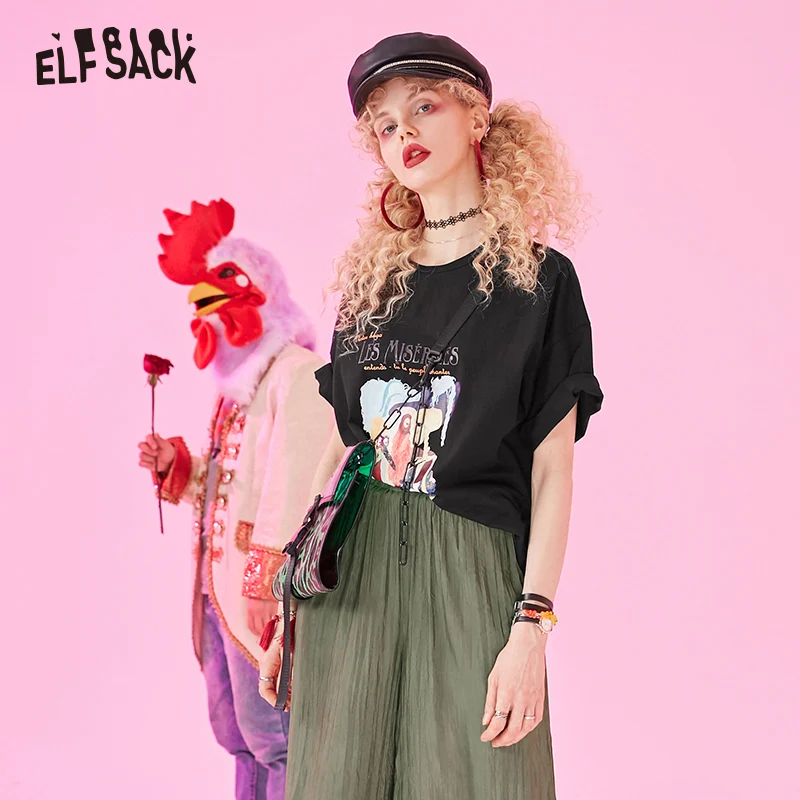 ELFSACK новинка свободная Корейская женская хлопковая повседневная черная футболка