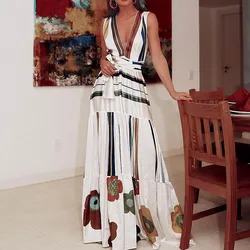 CUERLY Women Summer Long Dress Sexy Pleated Lace Up Sleeveless Sundress Casual Boho White Beach Stripe Floral Print Maxi Dress CUERLY Women Summer Long Dress Sexy Pleated Lace Up Sleeveless Sundress Casual Boho White Beach Stripe Floral Print Maxi Dress