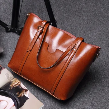 

QIAOBAO 100% leather handbags Oil wax cowhide ladies shoulder bag fashion 2019 new leather handbags big totes