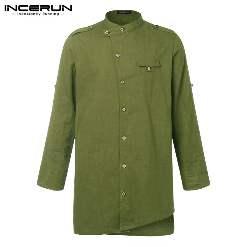 INCERUN мужские рубашки с длинным рукавом хлопок Кнопка Стенд воротник Винтаж Мужской костюм топы исламские арабские рубашки мужская мусульманская одежда - Цвет: Green