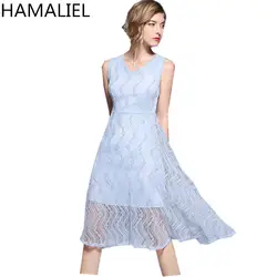 HAMALIEL Элегантное летнее кружевное платье Vestidos Для женщин 2018 рукавов выдалбливают Высокая Талия Тонкий Повседневное V шеи жилет вечерние