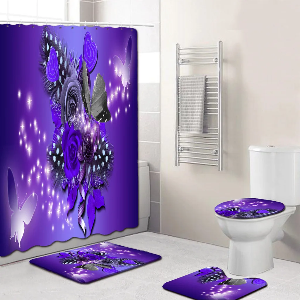 

Bathroom Set 4PCS Flower Print Non Slip Toilet Polyester Cover Mat Set Bathroom Shower Curtain Home Decor rideau douche 19.Apr26