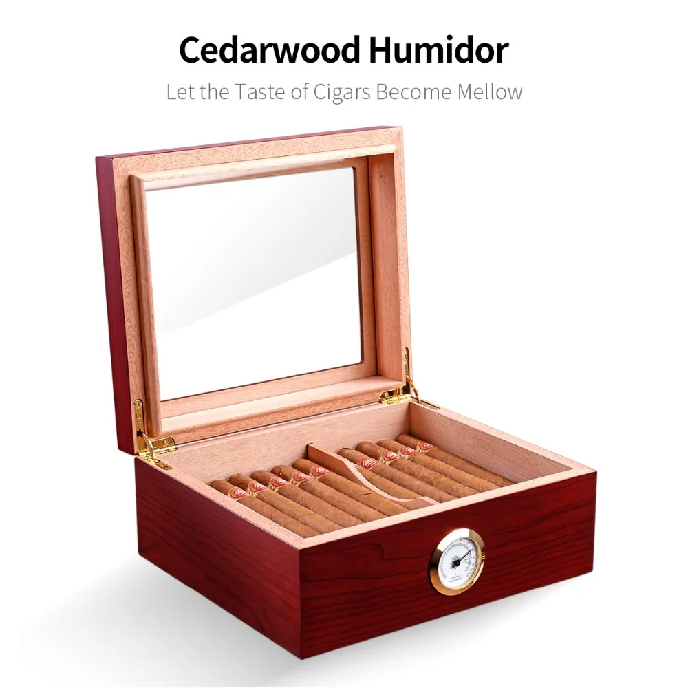 COHIBA Humidor aprox 50 шт. емкость кедровое дерево сигара увлажняющая коробка с увлажнитель с гигрометром HH-120 стеклянная крышка