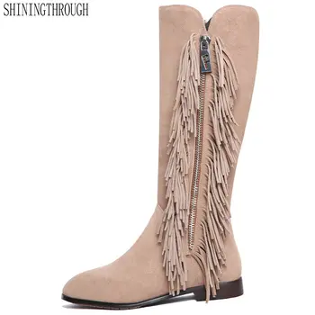 

Suede leather tassel knee high boots women low heels ladies dress motorcycle boots black pink purple apricot large size 34-43