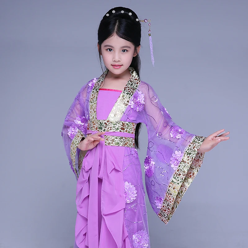 Детская шлейфом костюм феи для девочек Тан Королевский принцессы танцевальный костюм дети Hanfu платье для танцев Китайский традиционный