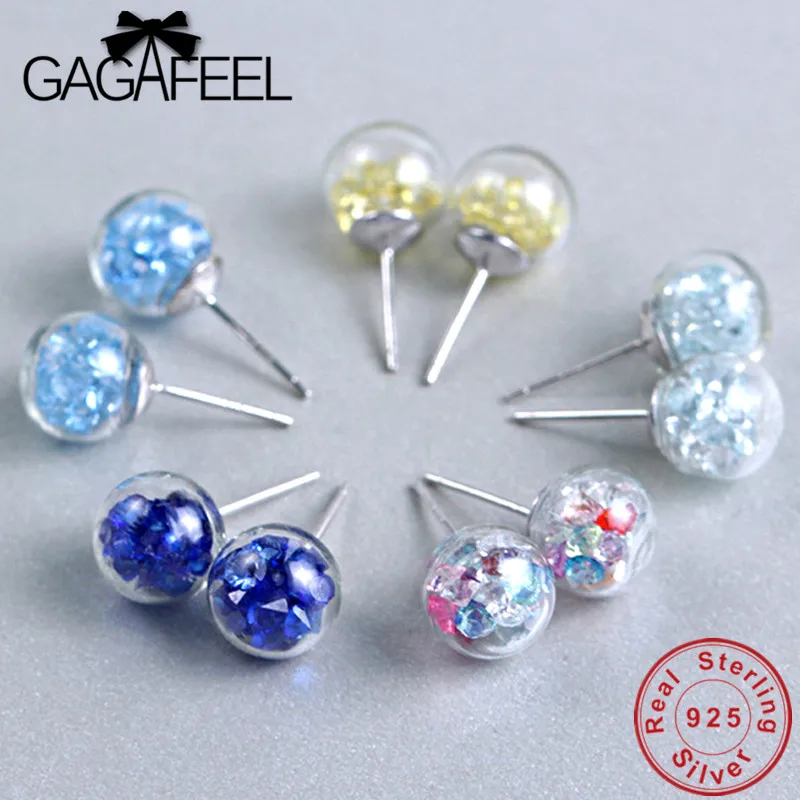 

GAGAFEEL 925 Sterling Silver Glass Ball Earrings Colorful Blue Stud Earrings for Women Female Wholesale Christmas Gift