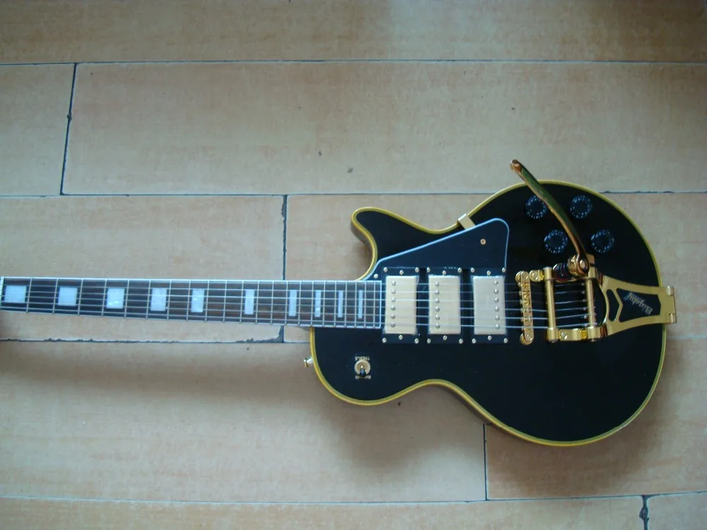 

new black guitar 3 humbucker pickups bigsby tremolo gold hardware free shipping OEM custom yellow binding cream binded