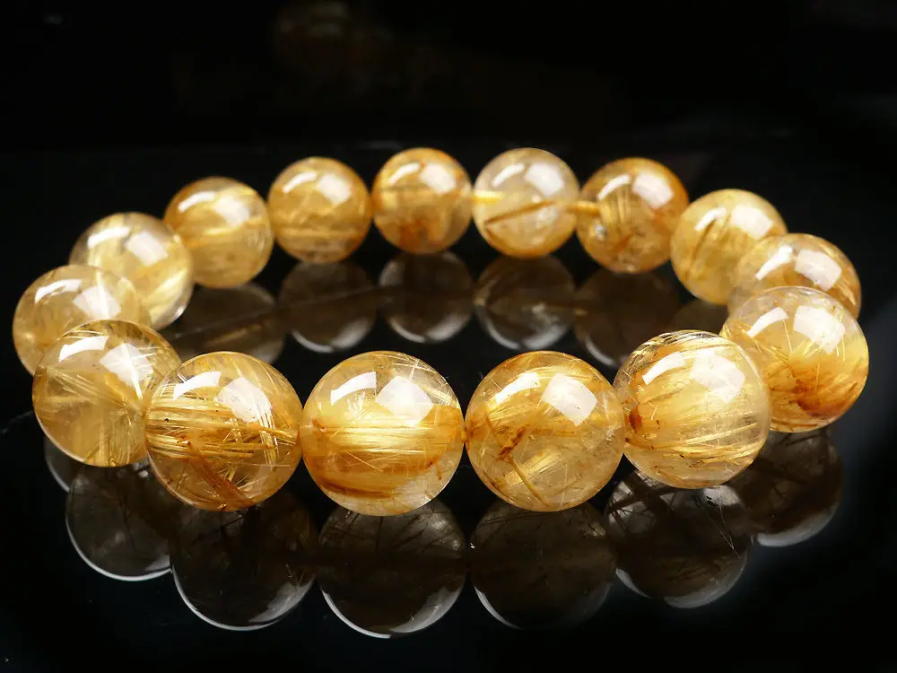 

huij 001671 Natural Gold Titanium Rutilated Quartz Crystal Bead Bracelet AAAA