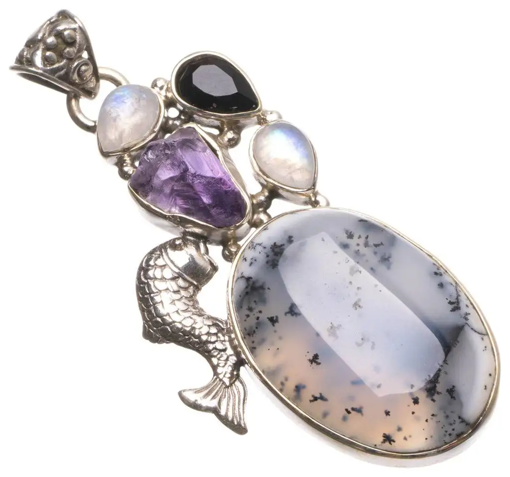 

Dendritic Opal,Rare Cluster Amethyst,Moonstone and Onyx Handmade 925 Sterling Silver Pendant 2 1/4" U0226