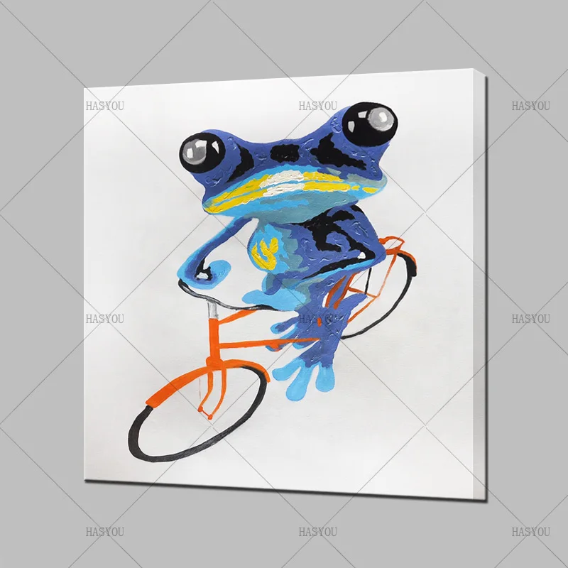 New-Design-Colorful-Frog-with-Bike-Funny-Hand-Painted-Acrylic-Animal-Oil-Paintings-on-Canvas-Wall