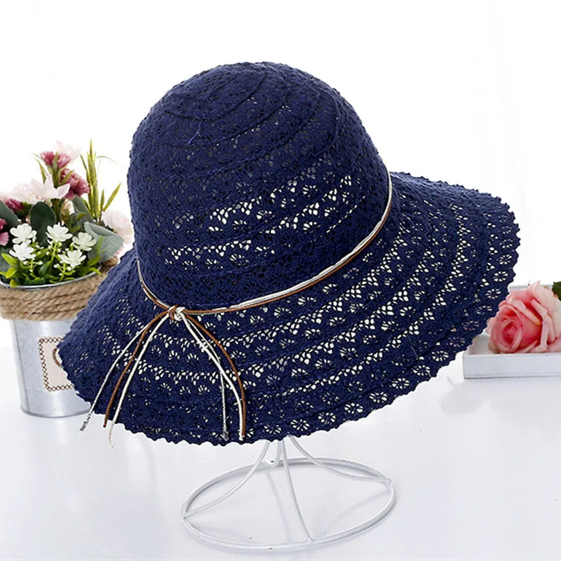 Women Lace Hollow Straw Cap Large Brim Foldable Hat Summer Ladies Elegant Travel Caps Female Fisherman Sun Hats CP0200 (2)