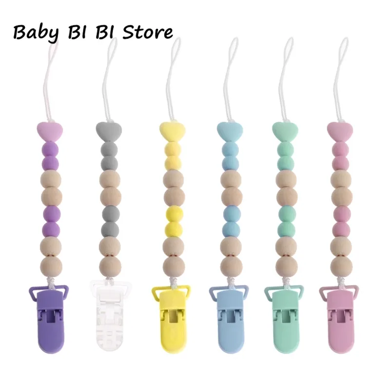 

Plastic + Wooden Bead Dummy Clip Holder Pacifier Clips Soother Chains Baby Teething Toy Baby Pacifiers Leashes and Cases