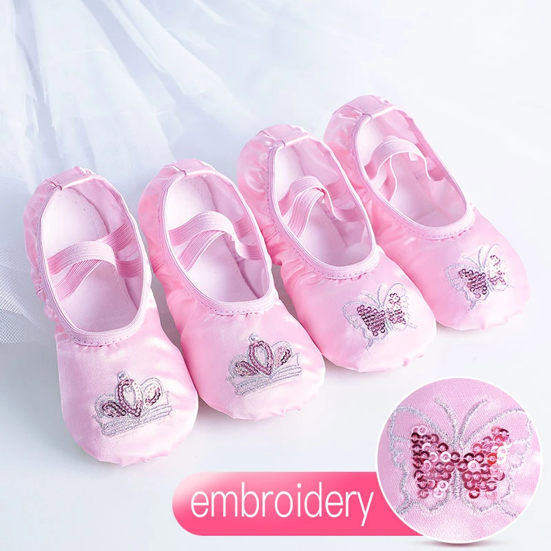 Satin Ballet Slippers Kids Ballet Dance Sneakers Girls Toddler Sequins Embroidery Dance Flats