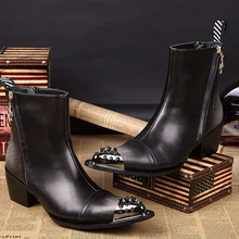 Весенняя Мужская обувь hombre; черные военные ботинки на высоком каблуке с шипами; ковбойские ботинки из натуральной кожи с шипами и острым носком; Армейская Обувь