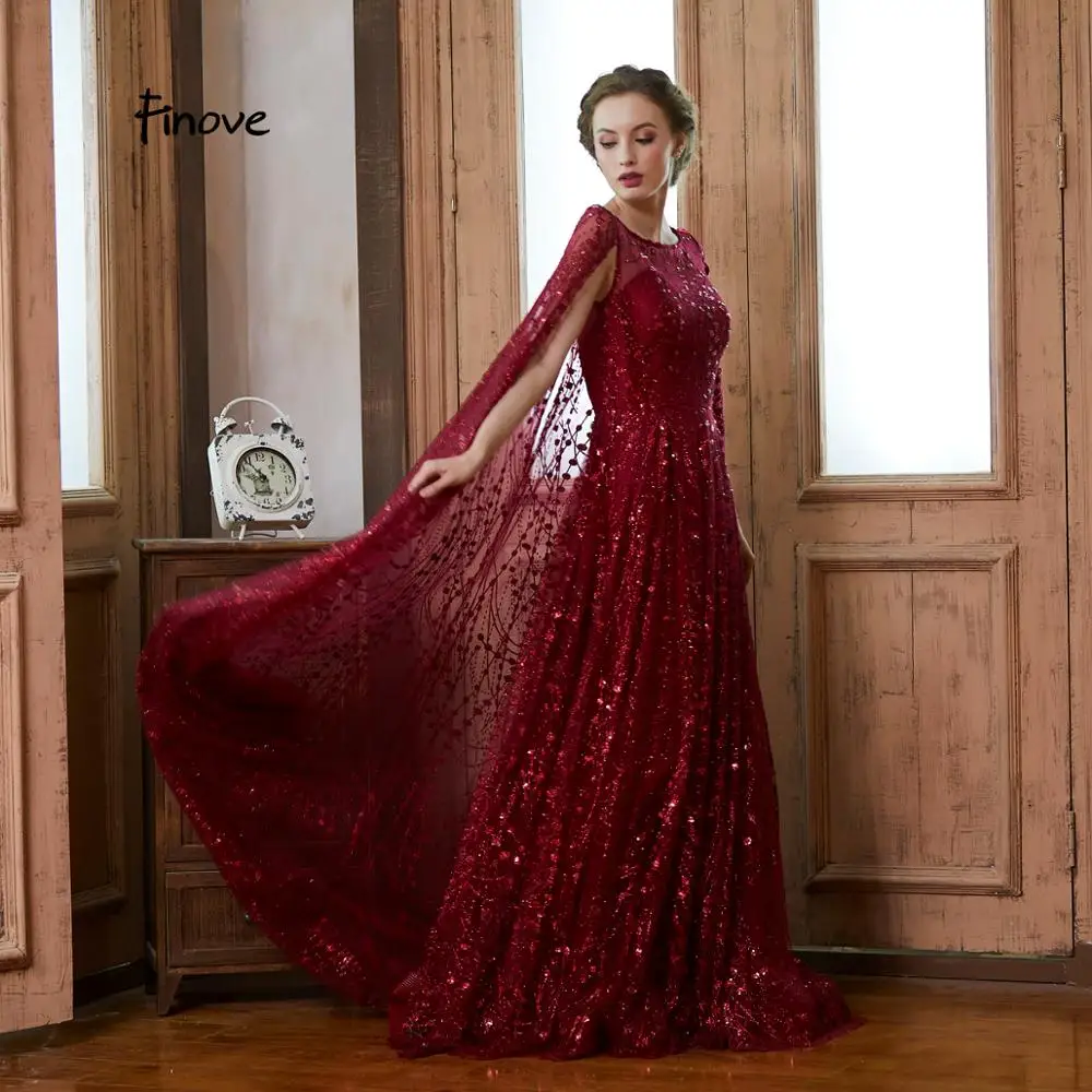 Finove Выпускные платья Длинные Robe De Soiree винно-красное светоотражающее платье с блестками элегантное ТРАПЕЦИЕВИДНОЕ вечернее платье с круглым вырезом для женщин