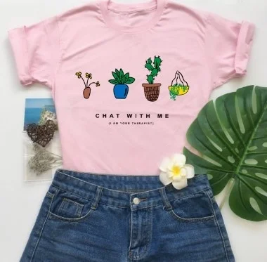 

Kuakuayu-JF 1PCS Plant Lover Chat with Me I Am Your Therapist Girls T-Shirts Cute Cartoon Plants Tops Women White Graphic Tee