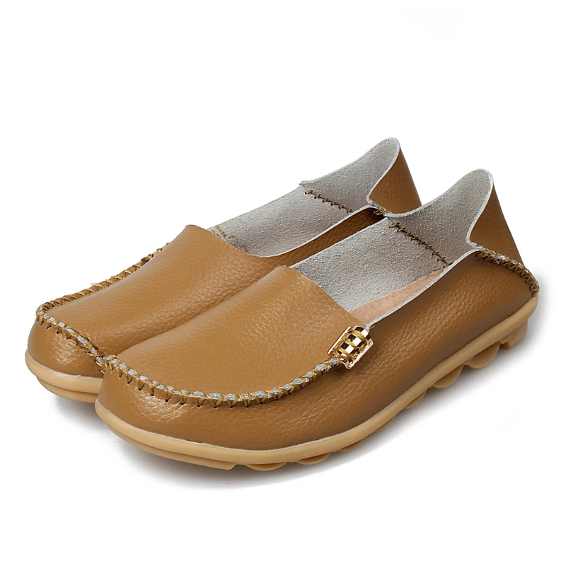 LeFoche/ г. Женская модная удобная обувь из натуральной кожи, мягкая дышащая однотонная повседневная обувь без шнуровки для мам - Цвет: Хаки