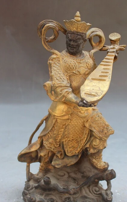 

005909 8" Chinese Feng Shui Bronze Gilt Four kings One Hold Pipa Weapon Knight Statue