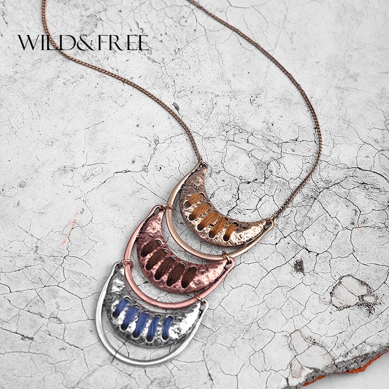 

Women Retro Geometric Shape Pendant Necklace Vintage Gold Silver Copper Hollow Out Thread Wrap Pendant Collar Necklace Jewelry