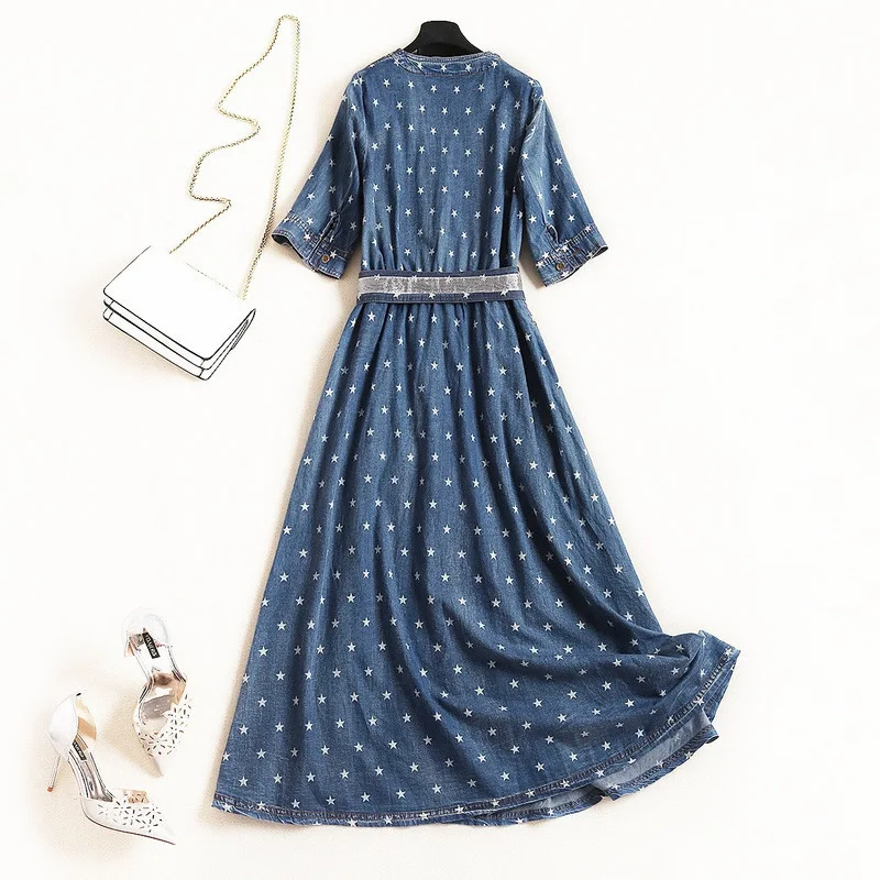 Women casual dress denim jeans star patterns V-neck short sleeve sashes a-line dresses new 2019 summer blue