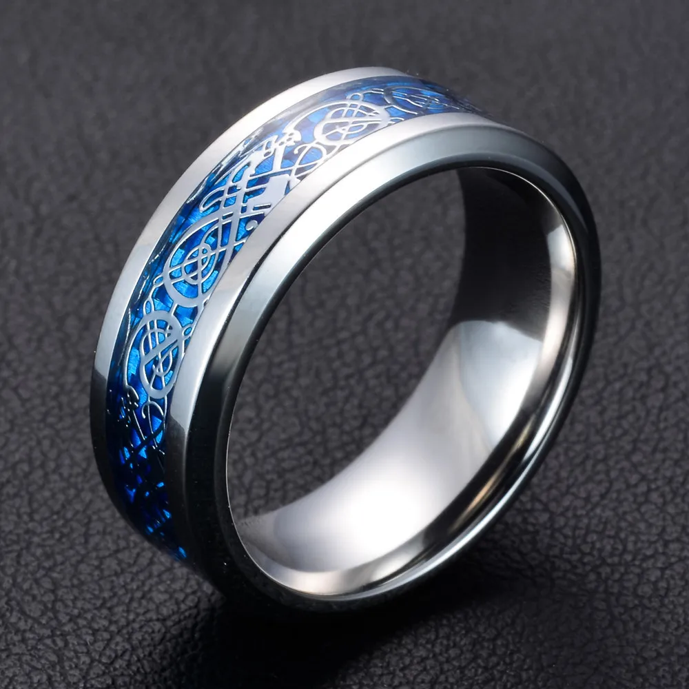 Black 316L Stainless steel Ring Wedding Band blue Carbon