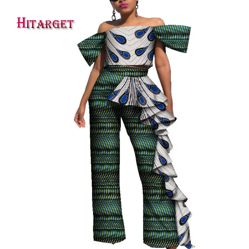 Африканская одежда Топ и широкие брюки африканские женские комплекты из 2 предметов со штанами Базен риче Африканский принт жемчужная рубашка и брюки WY4061 - Цвет: 3