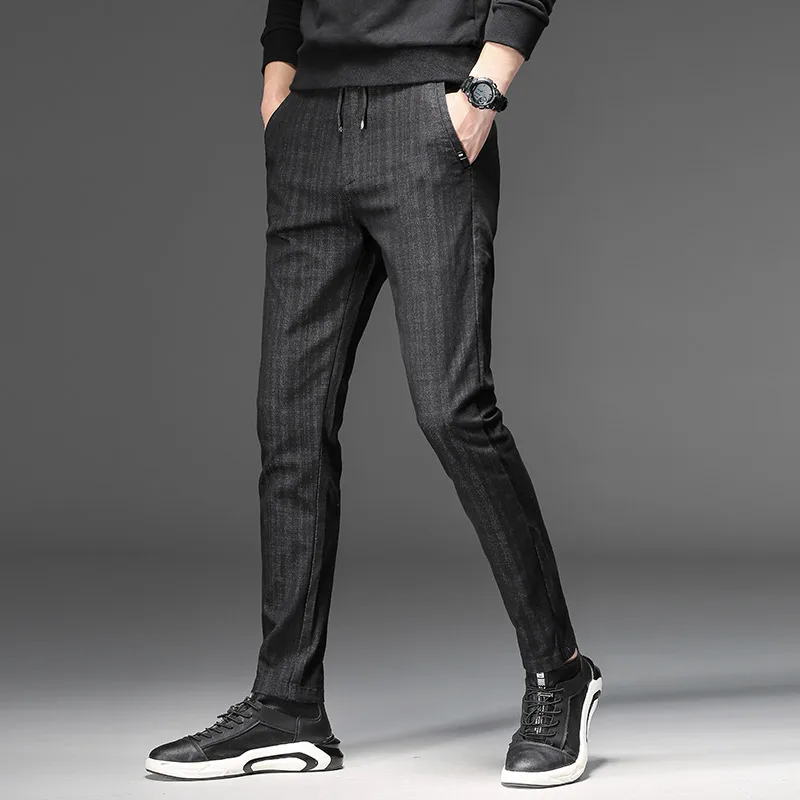 

2019 Autumn Summer Striped Pants Men Stretch Slim Fit Mens Trousers Fashion Black Mens Casual Pants Pantalone Uomo
