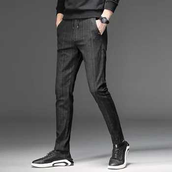 

2019 Autumn Summer Striped Pants Men Stretch Slim Fit Mens Trousers Fashion Black Mens Casual Pants Pantalone Uomo