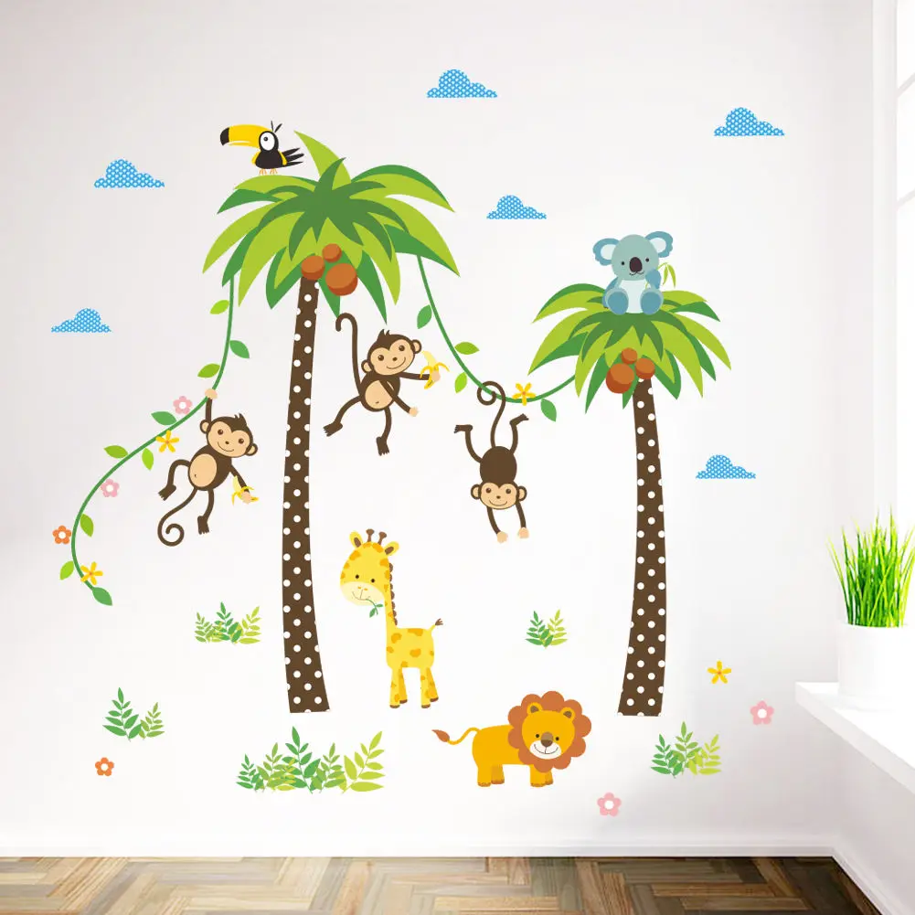2017 New Animals Coconut Tree Wall Sticker Children's Bedroom Decor Art Vinyl Decal Mural | Дом и сад