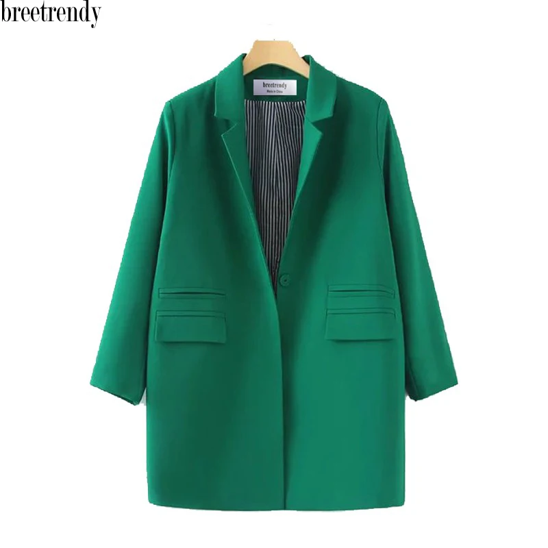 Breetrendy x165-2 женщины элегантный чистый цвет средней длины дизайн длинный рукав куртки пиджаки куртка зеленый черный цвет плюс размер