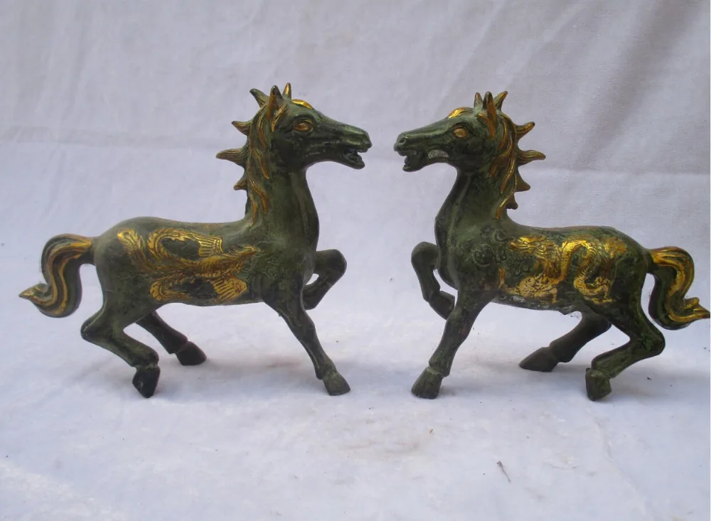 

Art & Collectible 1 Pair Of Chinese Old Bronze Carved Gold Gilt Dragon Horse and phoenix Horse statue/Horse sculpture