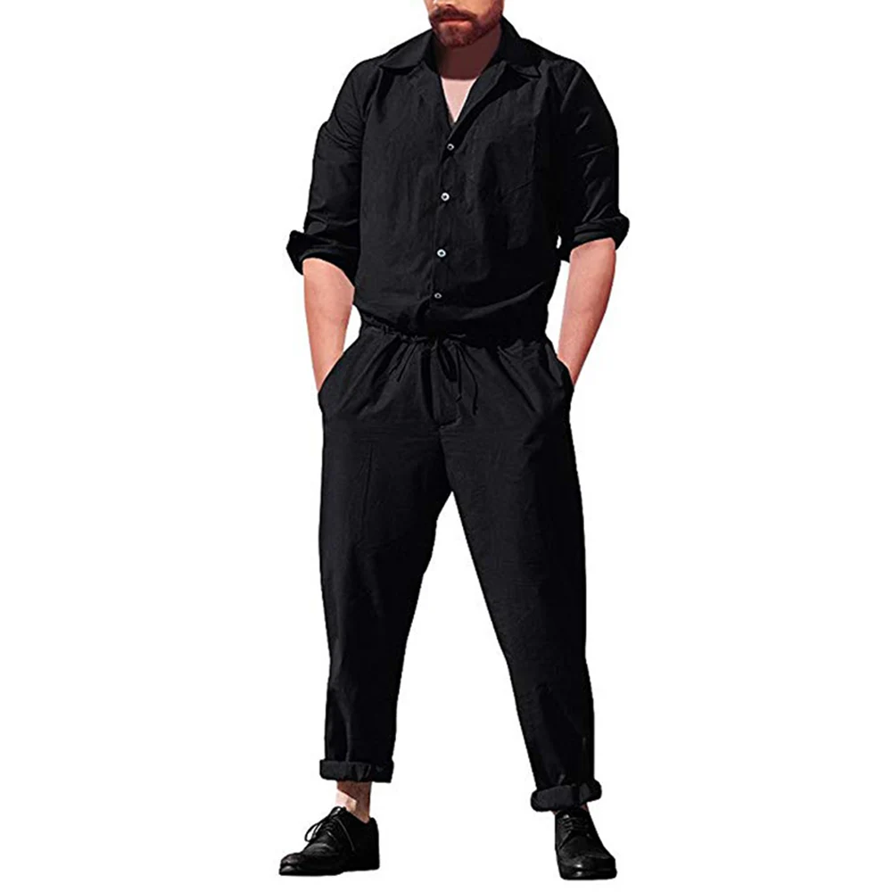 

Long Sleeve Jumpsuits Men Button Overalls With Pockets Spring Summer Autumn Coveralls Trousers Working Casual Playsuits Male D40