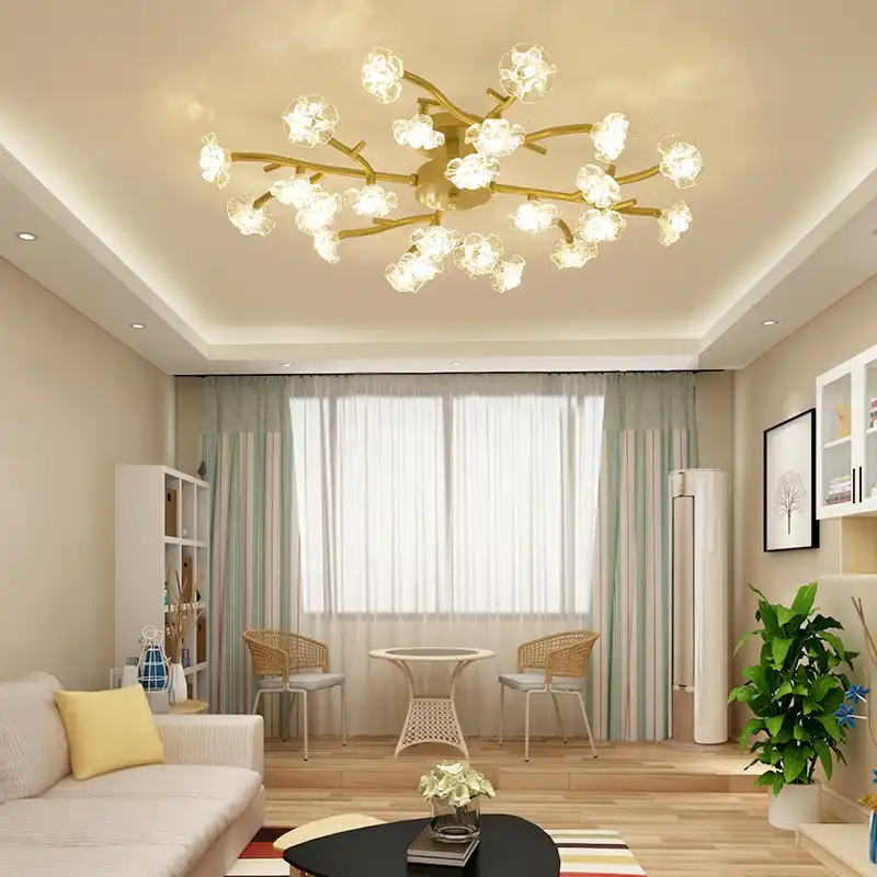 Gold Silver Colour Led Twig Ceiling Light Living Room Illumination Glass Flower Bedroom Fixtures Iron Art Energy Saving Lamps