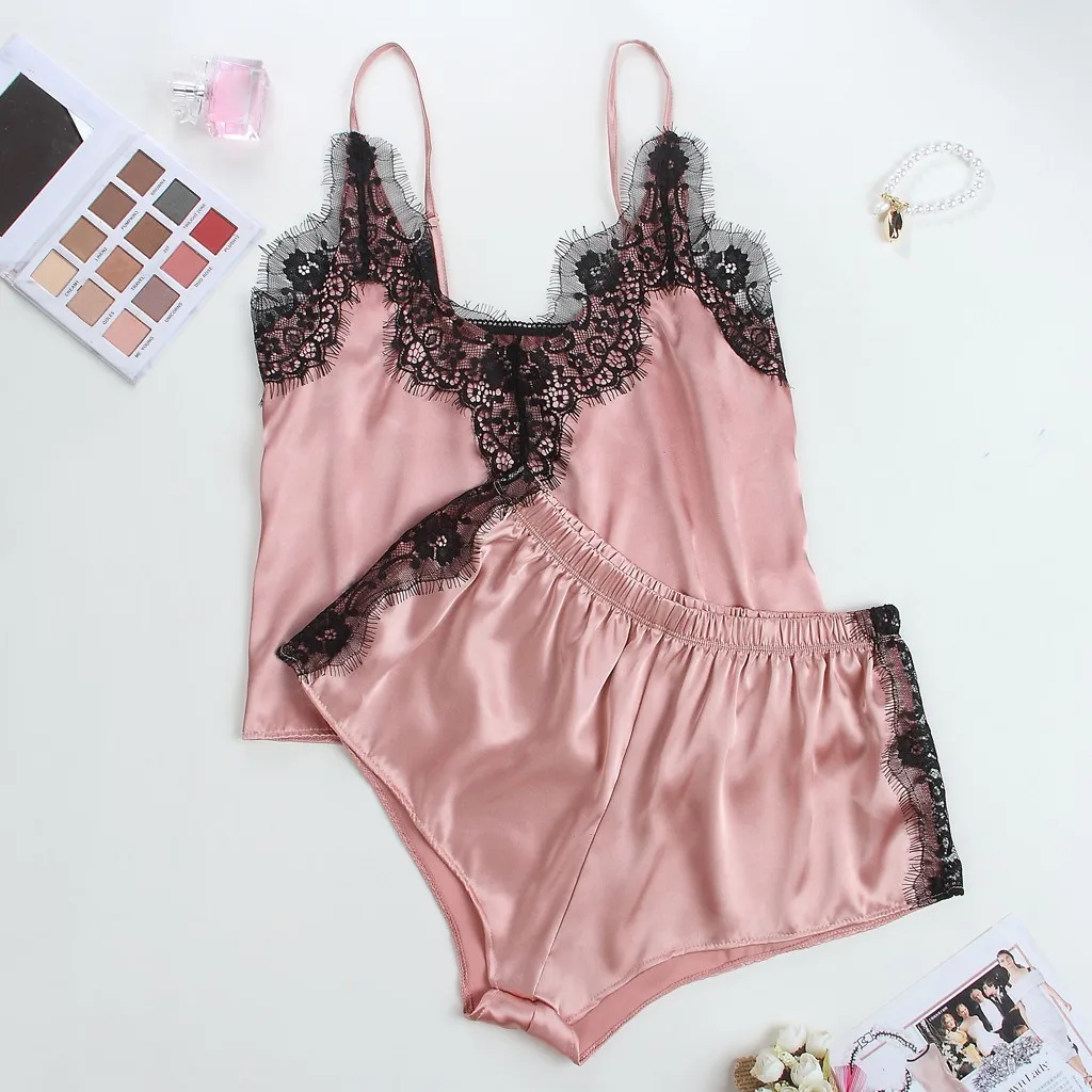 

summer pyjamas women V-Neck Eyelash Silk Lace Sexy Stain Camisole Pajamas Sleepwear Shorts Set nightwear home wear pijama mujer