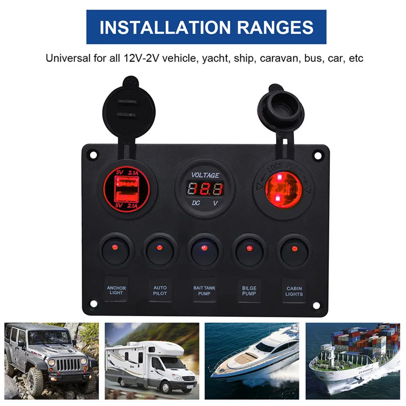 

CARPRIE Switch Panel LED 5 Gang ON-OFF Toggle Switch Control Panel Dual USB 12V For Car Boat Marine Red dropship mar23
