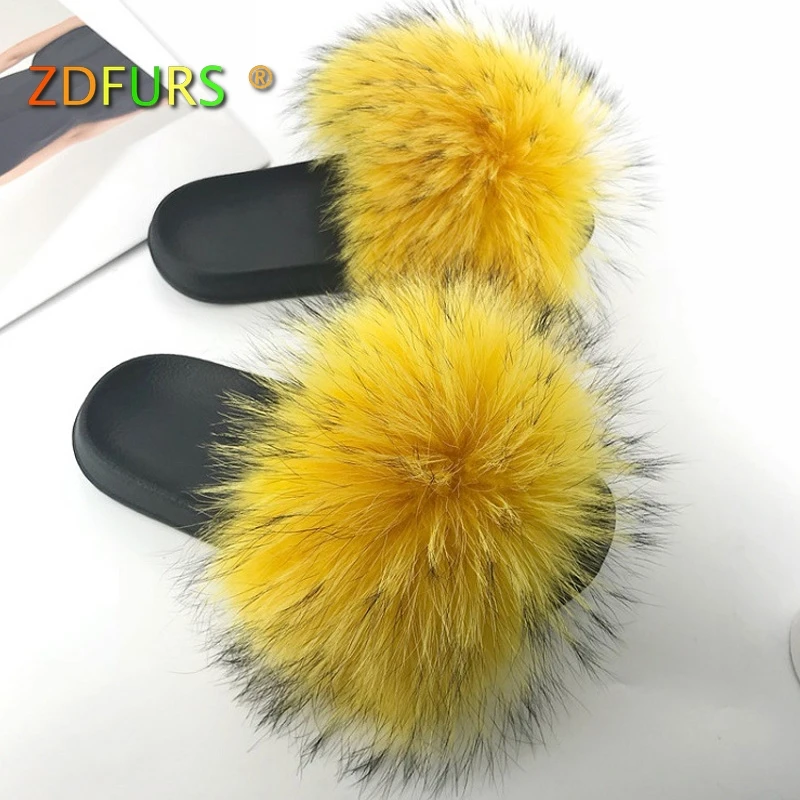 ZDFURS* New Arrivals Real Raccoon Fur Slippers Women Fluffy Fur Slides Spring Autumn Winter Indoor Outdoor Shoes - Цвет: J